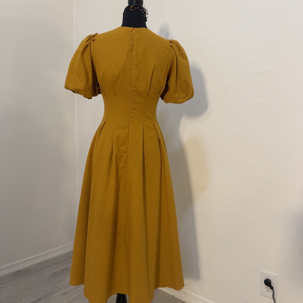 Elegant Mustard Puff Sleeve Dress - Picture 3 of 12